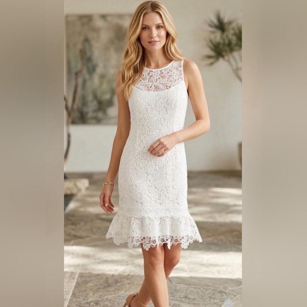 White House Black Market White Lace Floral Pattern Flounce-Hem Shift Dress (NWT)
